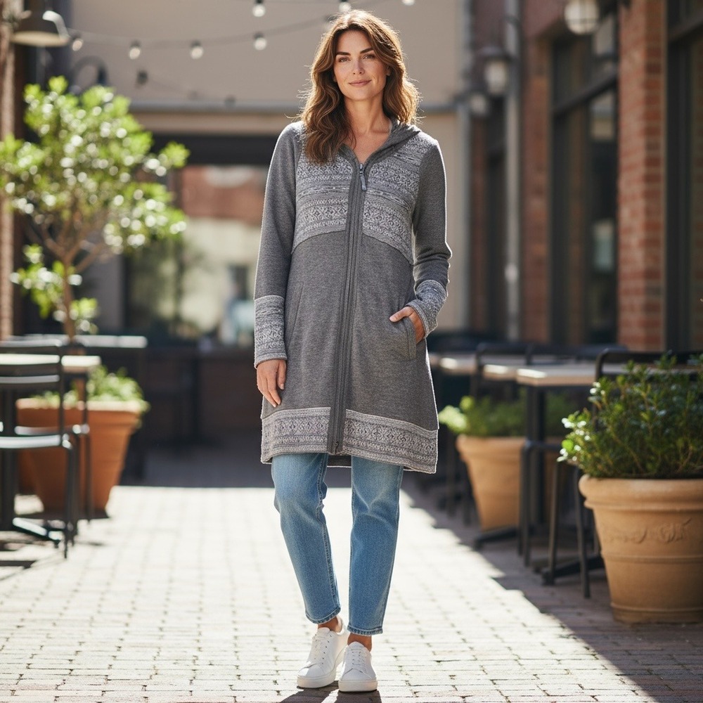 Athleta Sonoma County‎ Wool Blend Gray Aztec Print Hooded Cardigan XS